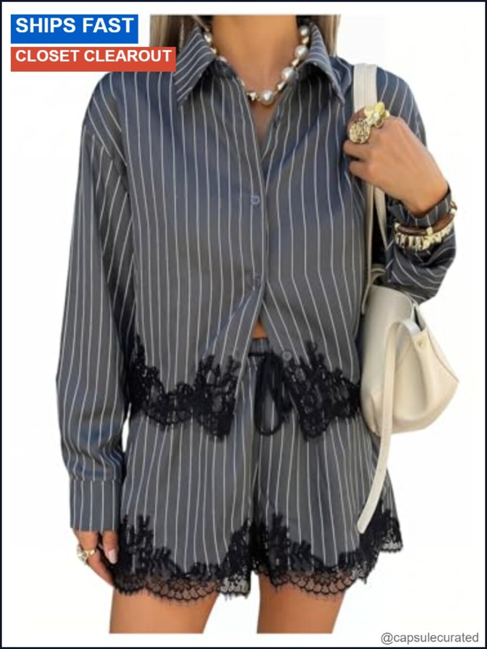 Striped 2 Piece Long Sleeve Shirt and Shorts Set for Women